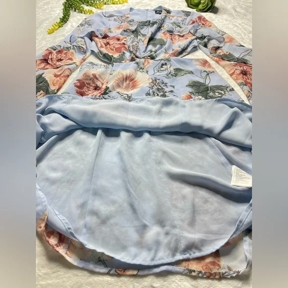 Bardot x Revolve Cutout Floral Frill Long Bell Sleeve Mini Dress in Blue Pink 6 - Picture 11 of 15